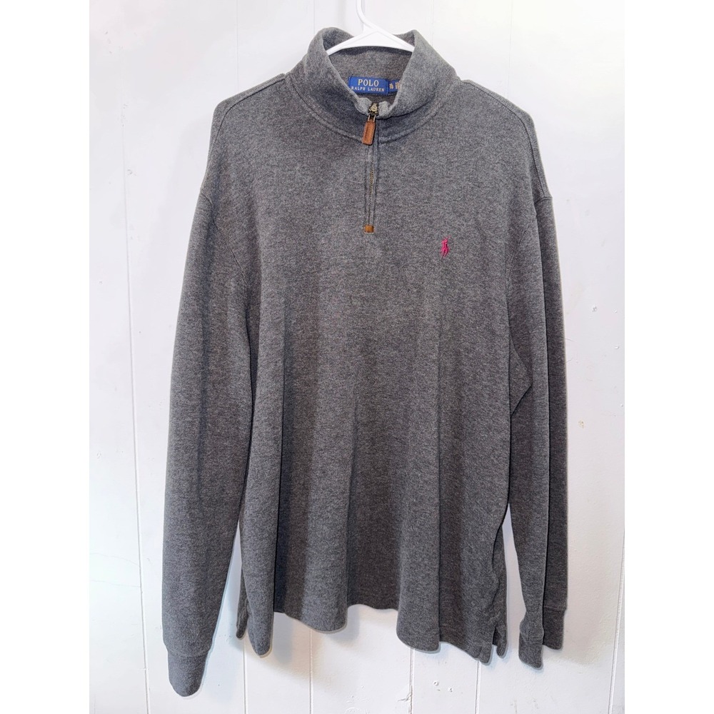 Polo‎ Ralph Lauren Mens XL Quarter Zip Pullover Grey Pink Pony Logo Sweater